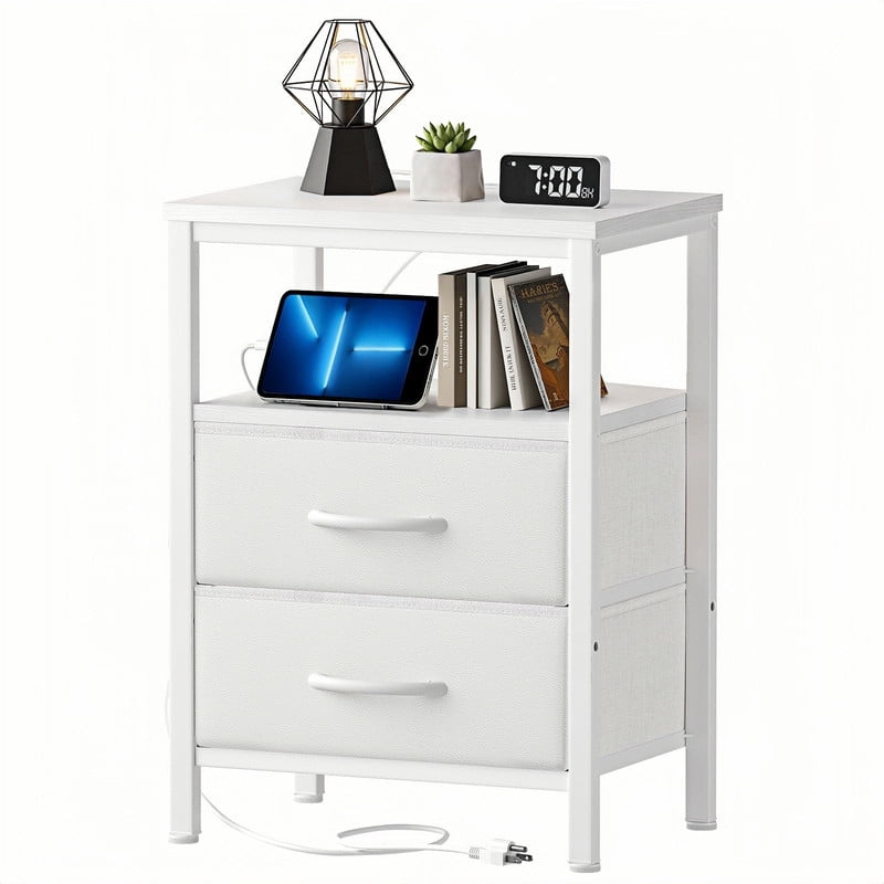 Kelno Nightstand with 2 Fabric Drawers Charging Station Small Bedside Table with Wood Top Open Storage Shelf, White