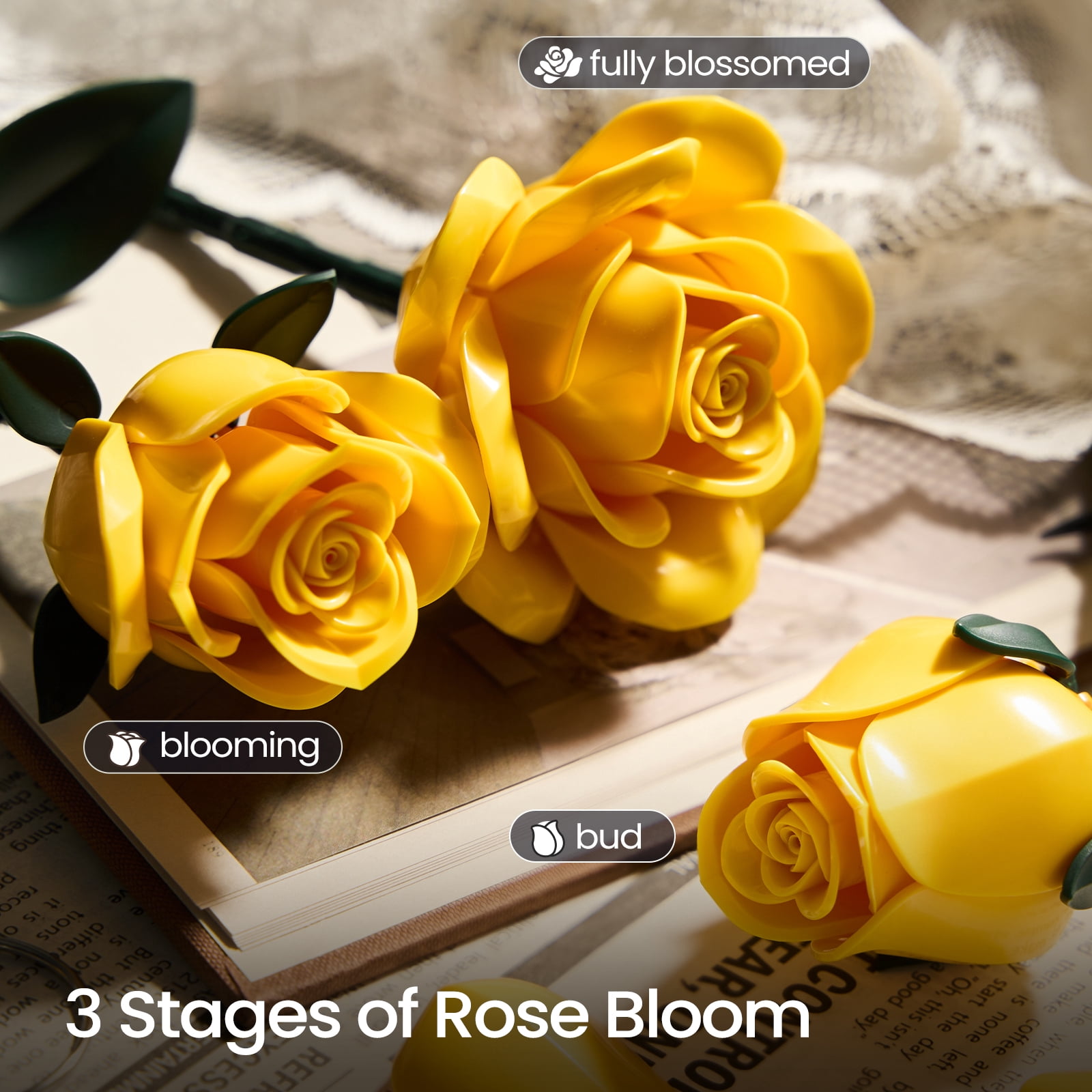 Yellow Rose Bouquet Building Set, Yellow Flowers for Adults Women, Botanical Collection Gift for Christmas & Valentines - Artificial Plant Gothic Home Decor