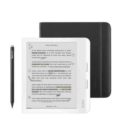 Kobo Libra Colour White eReader with Case Bundle (Black Notebook SleepCover, Case + Stylus)