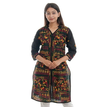Women Chikan Embroidery Pure Cotton Straight Kurta (Black)