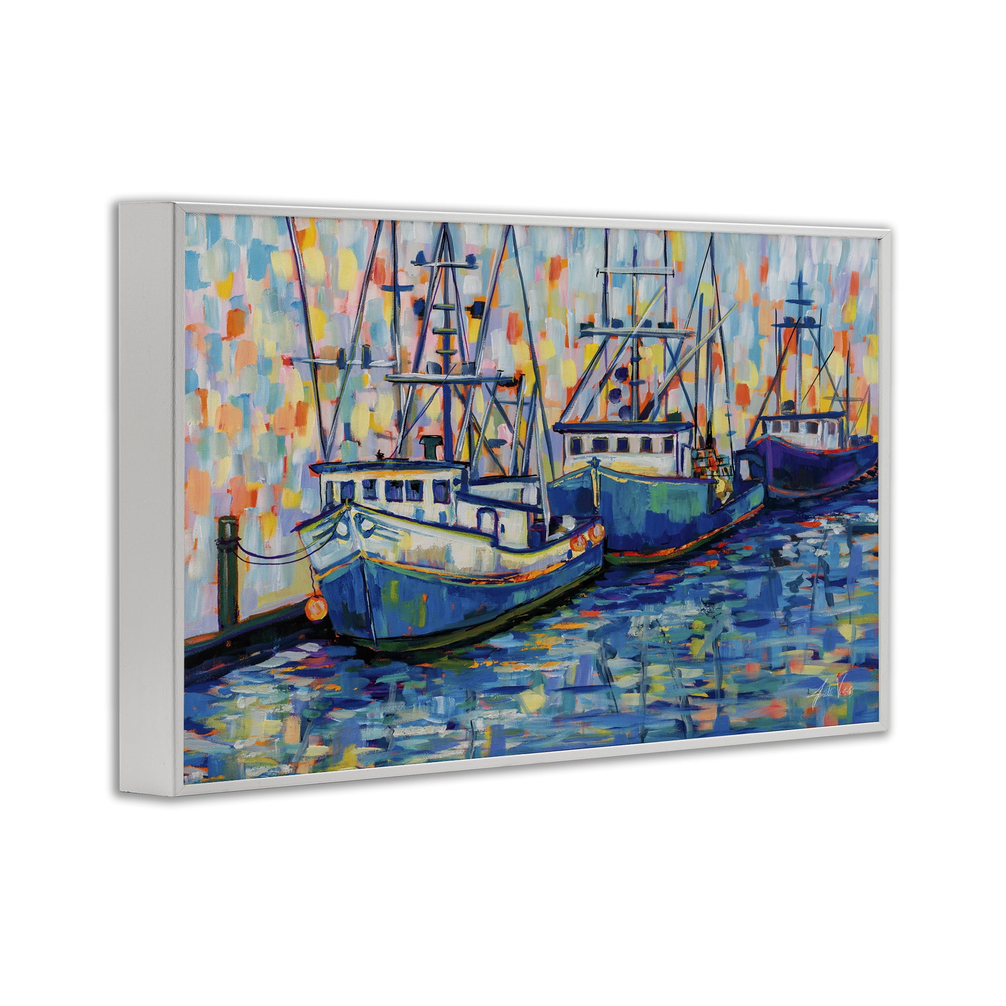 Stupell Industries Vivid Boats in Harbor Transportation Painting White Framed Art Print Wall Art, 30 x 20