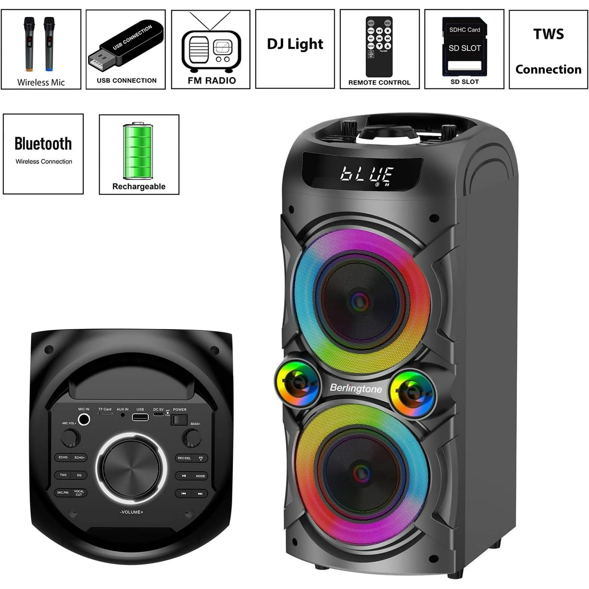 Berlingtone BR-37K Bluetooth Karaoke Machine Speaker System with 2 VHF Wireless Microphones, RGB DJ Lights, 100W Subwoofer, Remote Control, TF Card/USB MP3 Playback for Home, Indoor/Outdoor Parties