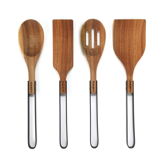 Ustensiles en Bois pour la Cuisine en Bois d'Acacia, Beau Design Moderne, Têtes en Bois Rustique et Poignées en Acier Inoxydable, Résistant aux Rayures.