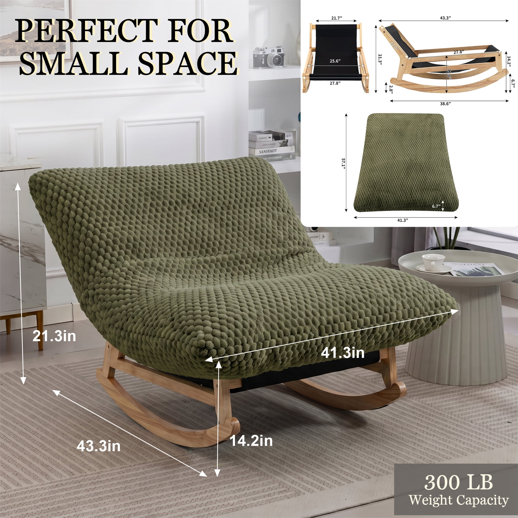 Aukfa 41" Oversized Wooden Rock & Chaise Lounge, 3 in 1 Convertible Glider Sofa Chair for Living Room Bedroom, Plush Cushion, Corduroy, Green