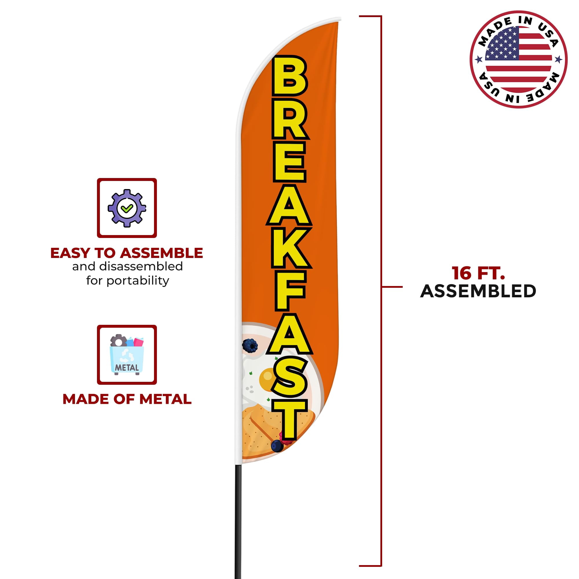 Breakfast Sign feather flag Pole Mount for Outdoor by Mavis Print | 15 FEET Long Polyester Outdoor Banner Flag with Pole Kit for Easy Hang | HD Print Swooper Flag Pole Mount for Food Advertising a