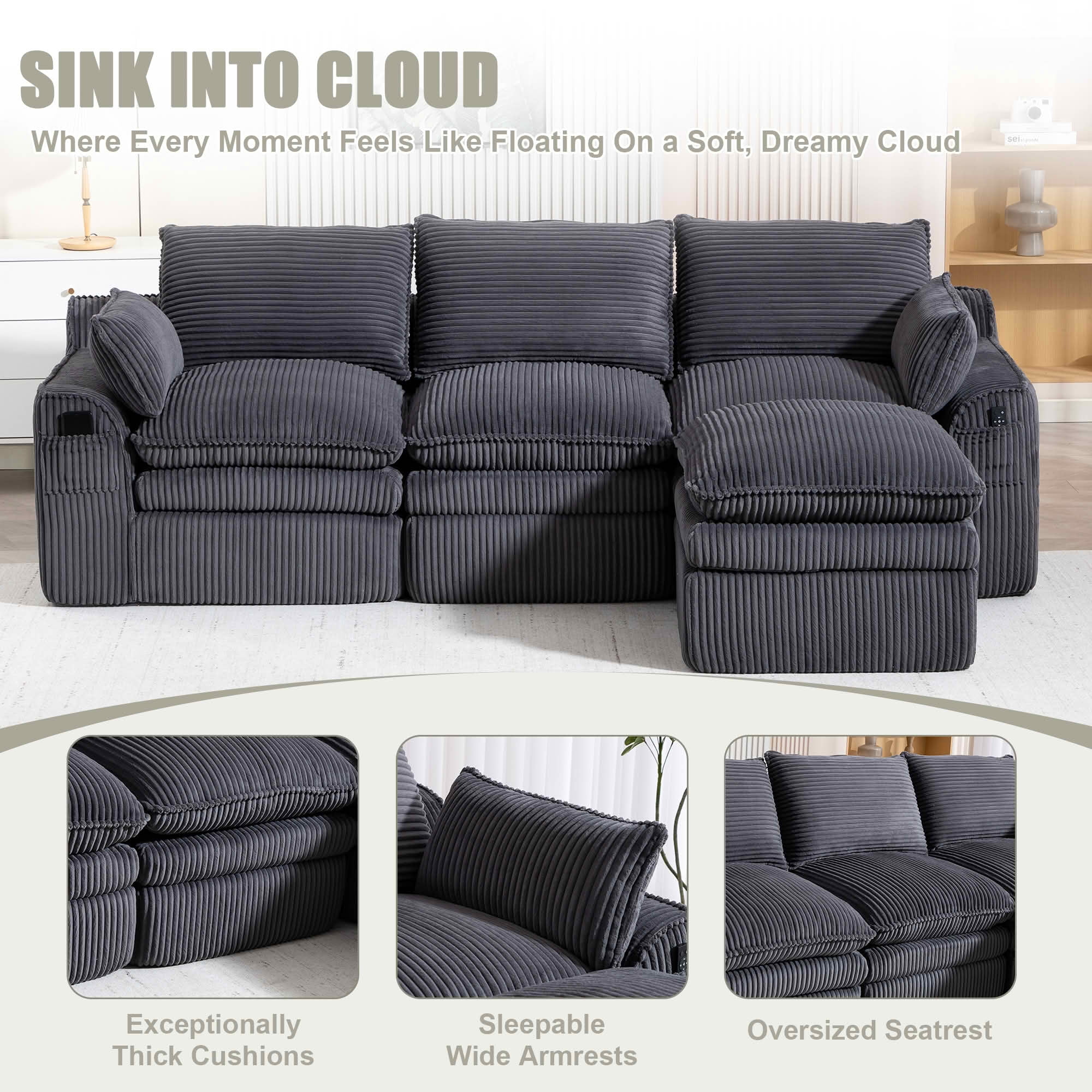 MAYEERTY Modular L Shape Corduroy Sectional Sofa, Compressed Boneless Cloud Couch with Footstool & Pillows for Small Living Space