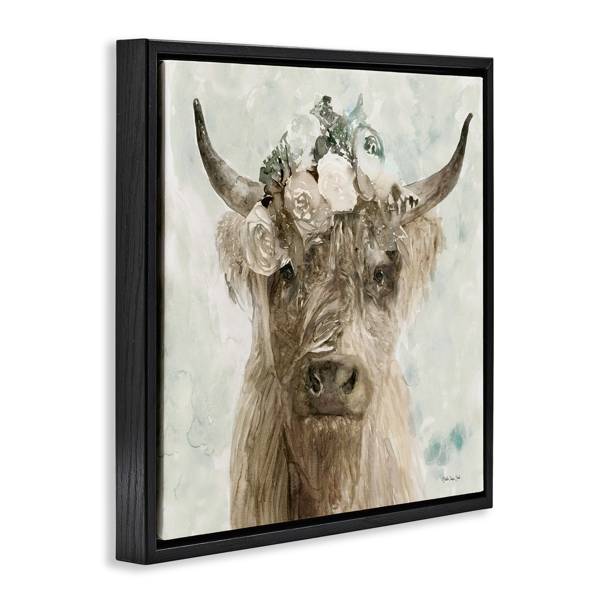 Stupell Industries Soft Buffalo with Floral Crown Animals & Insects Painting Black Floater Framed Canvas Art Print Wall Art, 18 x 18