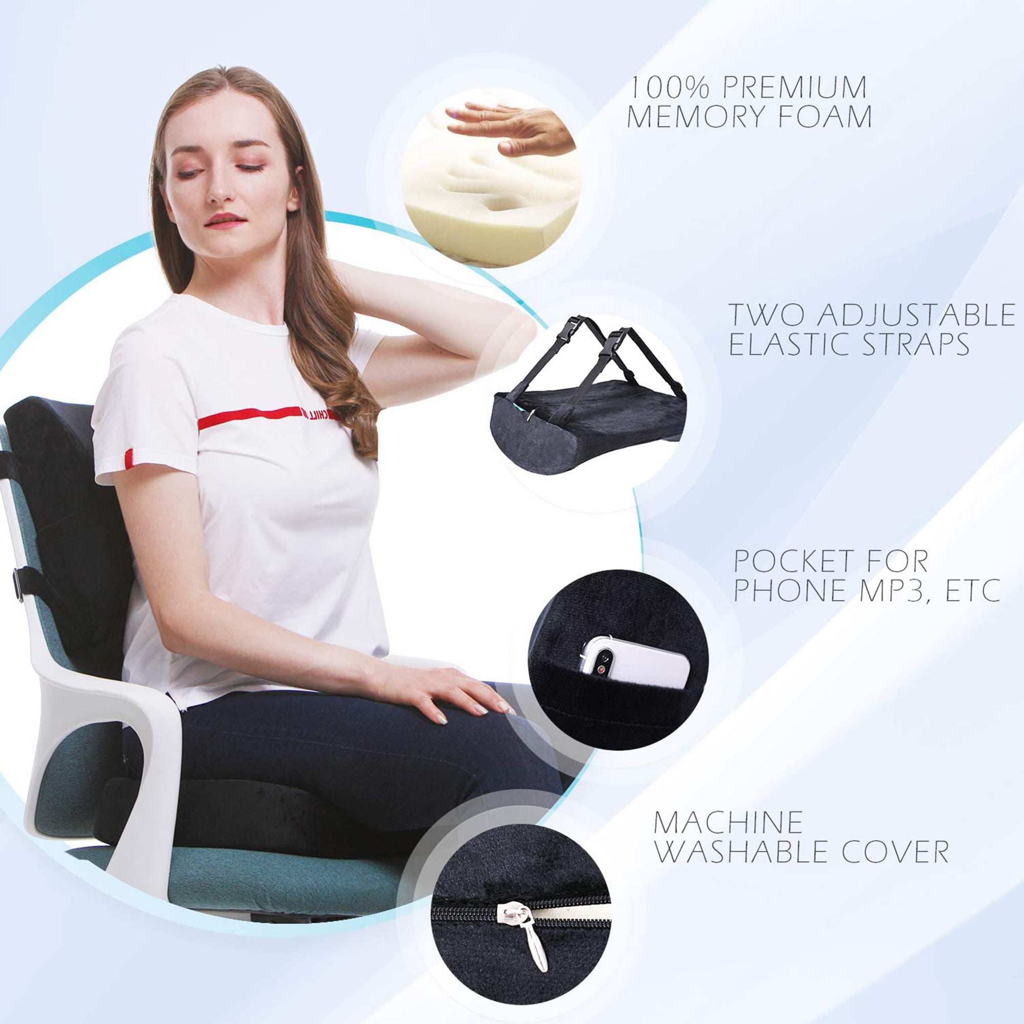Qutool ADS11109 Seat Cushion & Lumbar Support Pillow for Office Chair, Car,  Wheelchair Memory Foam Chair Cushion for Sciatica, Lower Back&Tailbo