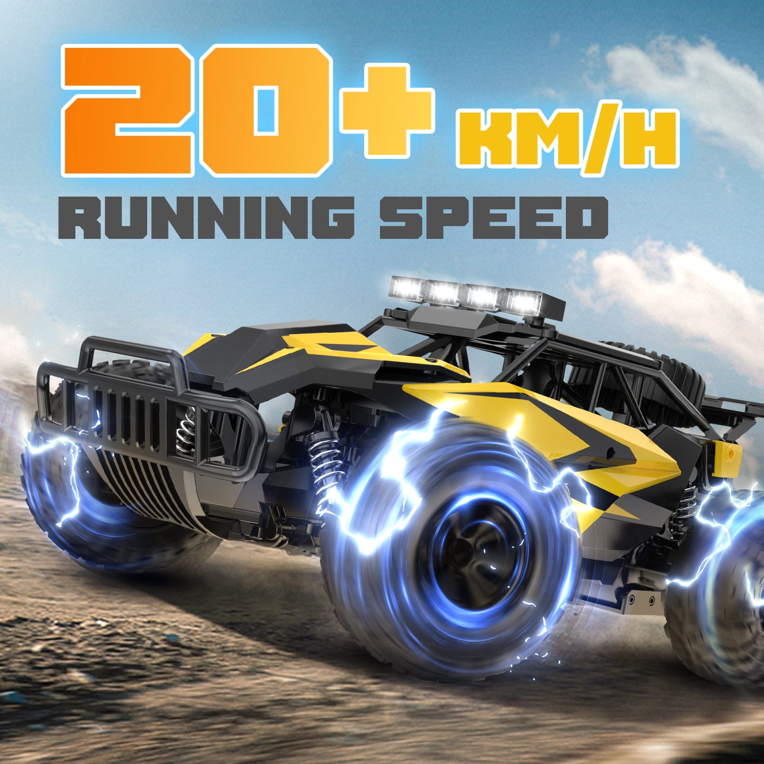 JoyStone RC Cars 1:14 Scale Remote Control Truck, 15+ mph High Speed Monster Truck with LED Headlights, Chassis Lights and 2 Batteries for Boys Kids, Yellow