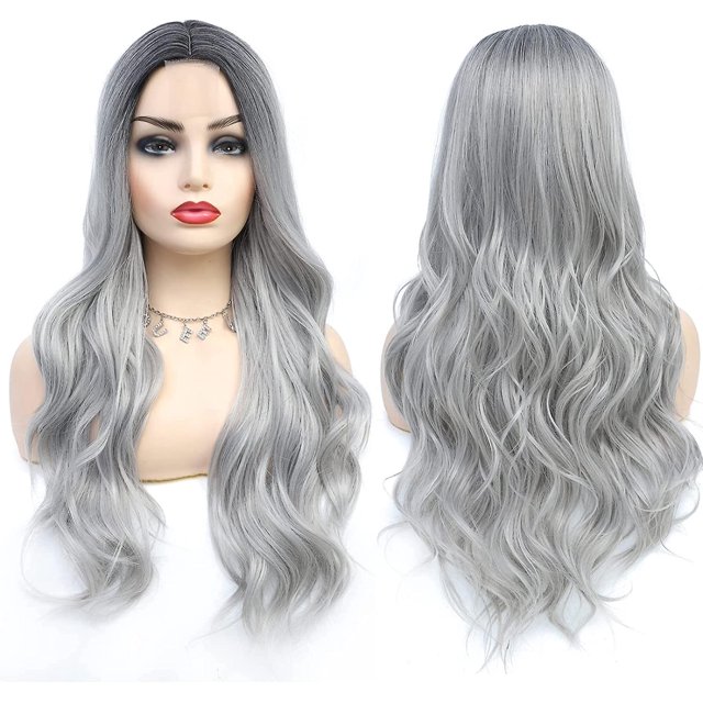 Peluca gris larga para mujer Ombre Pelucas grises plateadas Peluca de cosplay ondulada de parte media