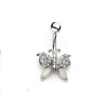 - Silver Tone 14 G Navel Ring With Clear Gem Butterfly - Belly Button Ring