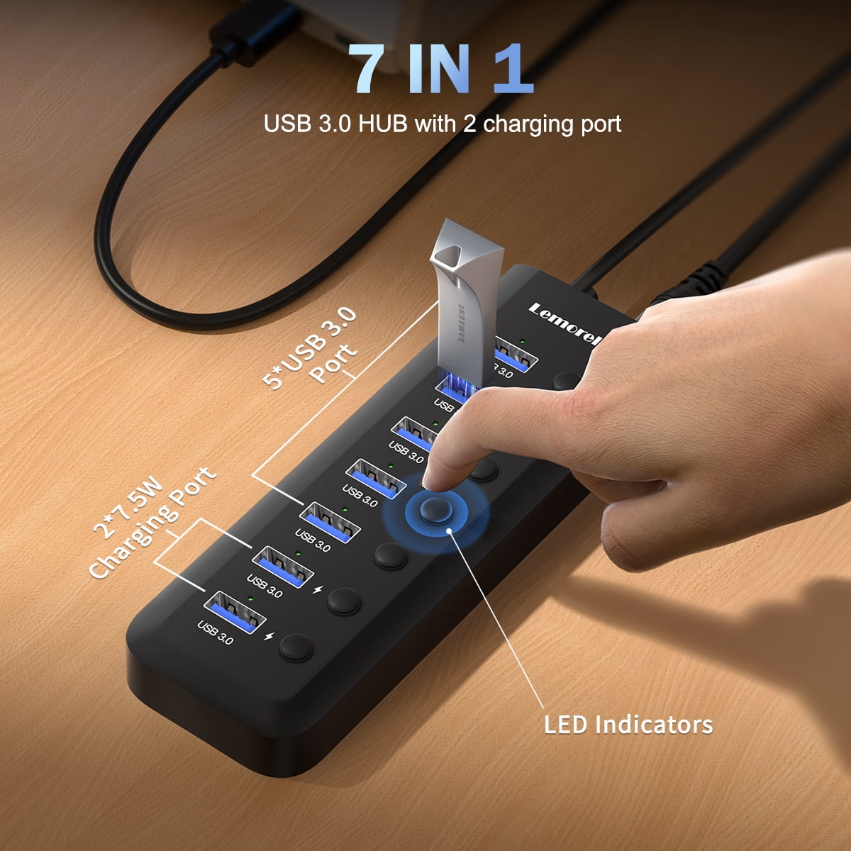 Lemorele 7 Port USB 3.0 Hub Extender with Two Charging Ports for Desktop and Laptop ,with Independent Switch