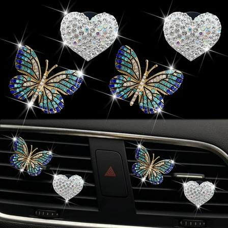 Bling Heart Butterfly Air Vent Clips, 4 Pcs Butterfly Car Air Fresheners Vent Clips Car Diffuser Vent Clip Rhinestone Car Decoration Cute Car Interior Decor Bling Car Accessories for Women (Blue )