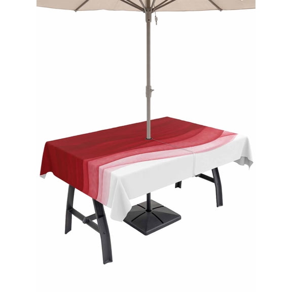 Outdoor Tablecloth with Umbrella Hole and Zipper, Red Ombre Waves Rectangle Table Cloth 60x120 Inch Waterproof Tablecloth, Abstract Art Gradient Modern Picnic Table Cover for Patio Camping