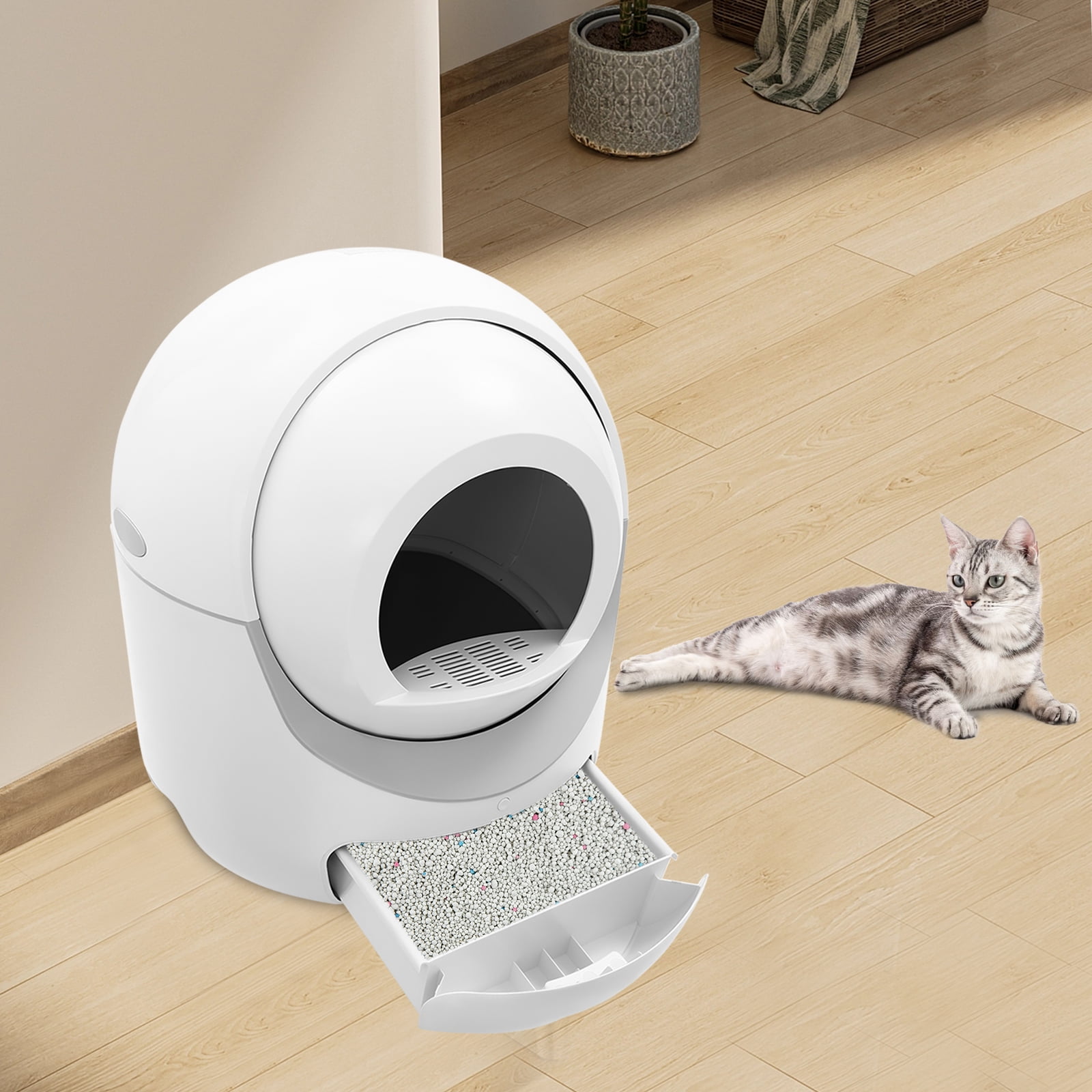 Wildnix Smart Cat Litter Box with Remote Control, APP Support, 60L Capacity, Sand Leakage Pedal, and Snap-on Strainer for Cats 1-10kg, White