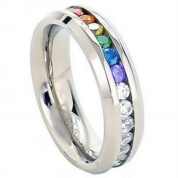 Pride Shack - Lesbian Gay Pride Wedding Ring Band Rainbow String Smooth Full CZ