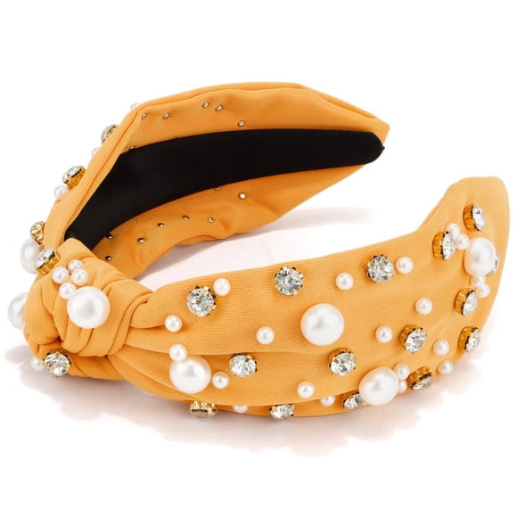 Atoden Diadema con nudo superior ancho amarillo con diamantes de imitación de perlas para el cabello de mujer Diademas adornadas Diademas brillantes antideslizantes Accesorios para el cabello de moda