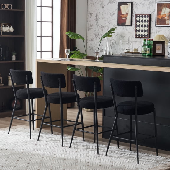 Set of 2 Black Teddy Fabric Upholstered Bar Stools with Metal Base - 25" Seat Height - Ergonomic Backrest & Footrest - Durable Island Seating for Kitchen, Dining, Living Room, Bar