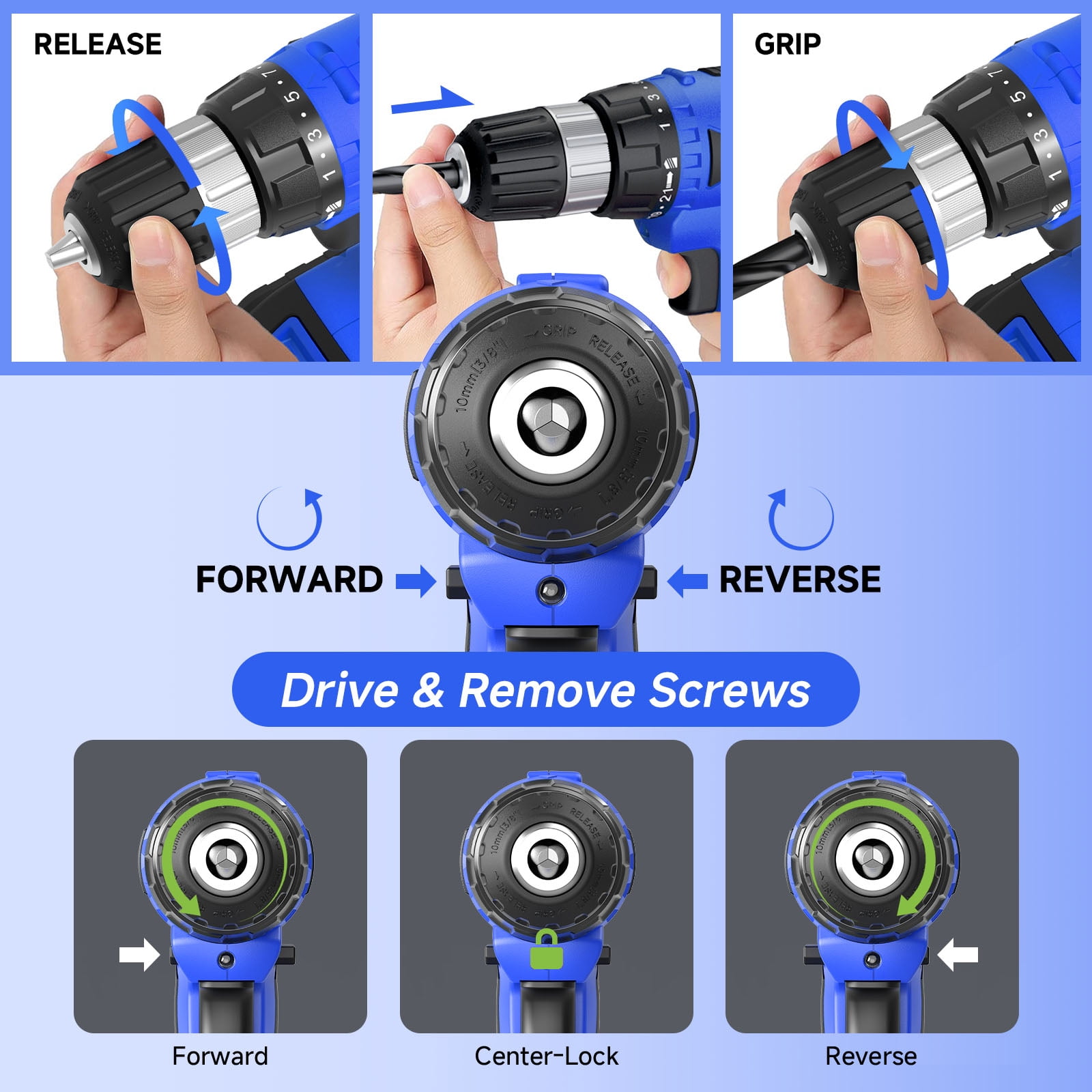 20V Cordless Drill Set with Battery & Charger, 30N.m Torque, 21+1 Settings, 3/8" Keyless Chuck, LED Light, Electric Drill Kit for Home DIY (Blue)