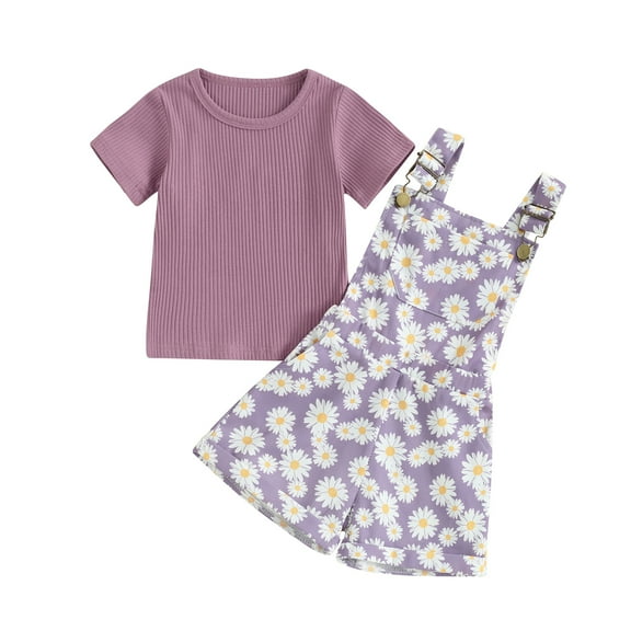 Musuos Kid Girl Summer Outfit 12 18 24M 3 4 5T Solid Color Ribbed Short Sleeve Crew Neck T-Shirt with Daisy Print Overall Shorts Set