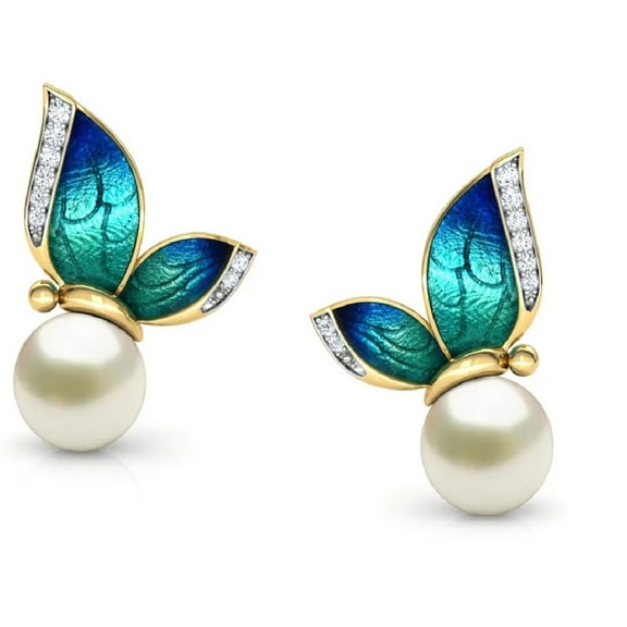 Butterfly Pearl Stud Earrings, 18K Gold Plated, Blue-Green Enamel with Crystal Accents