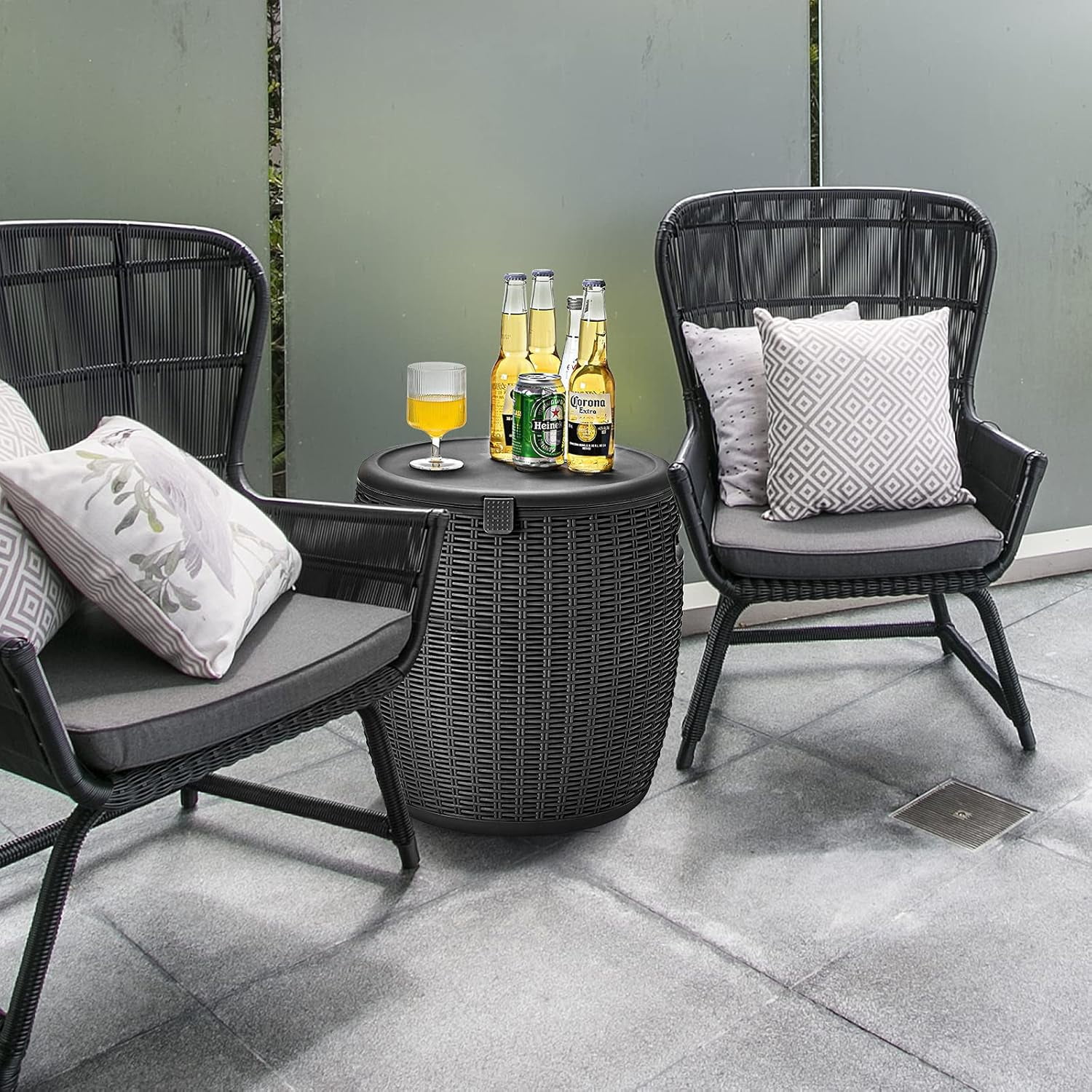 9.5 Gal Cooler Bar Table – Patio Wicker Ice Cooler with 4-in-1 Design, Black, 16.73×16.73×17.32 in