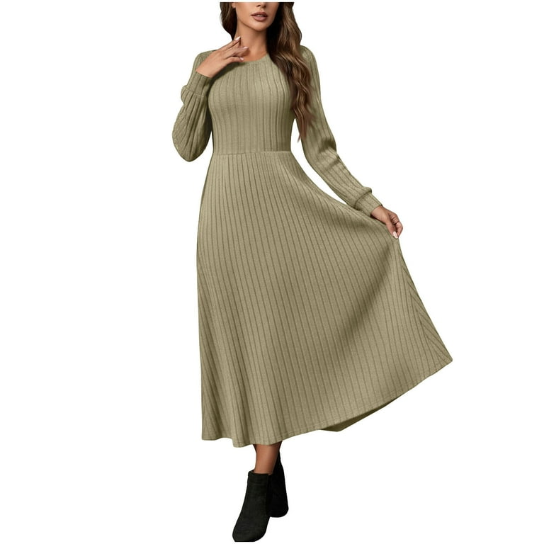 Tdoqot Womens Wedding Guest Dresses- Long Sleeve Crewneck Ribbed Knit Casual Elegant Spring Maxi Dresses Khaki Size L, Women's, Size: Large, Brown