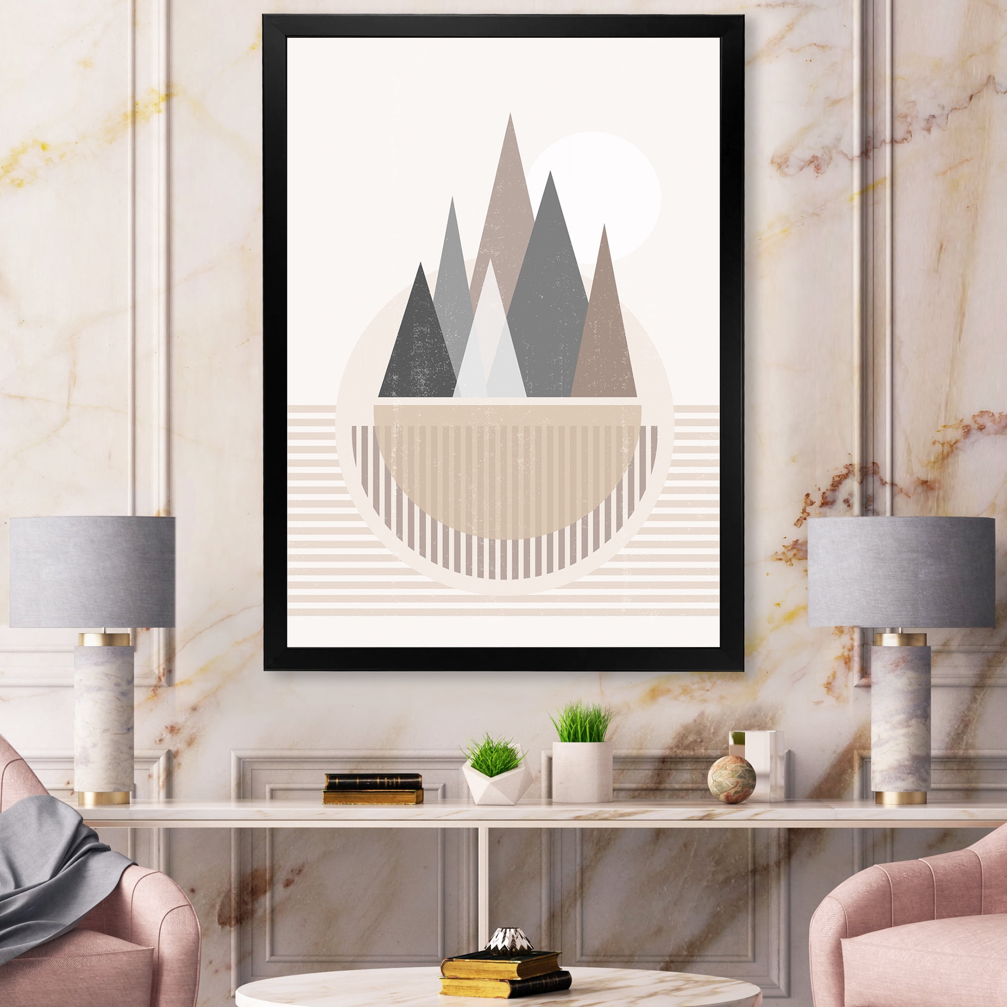 Designart 'Abstract Moon and Sun In Mountains III' Modern Framed Art Print