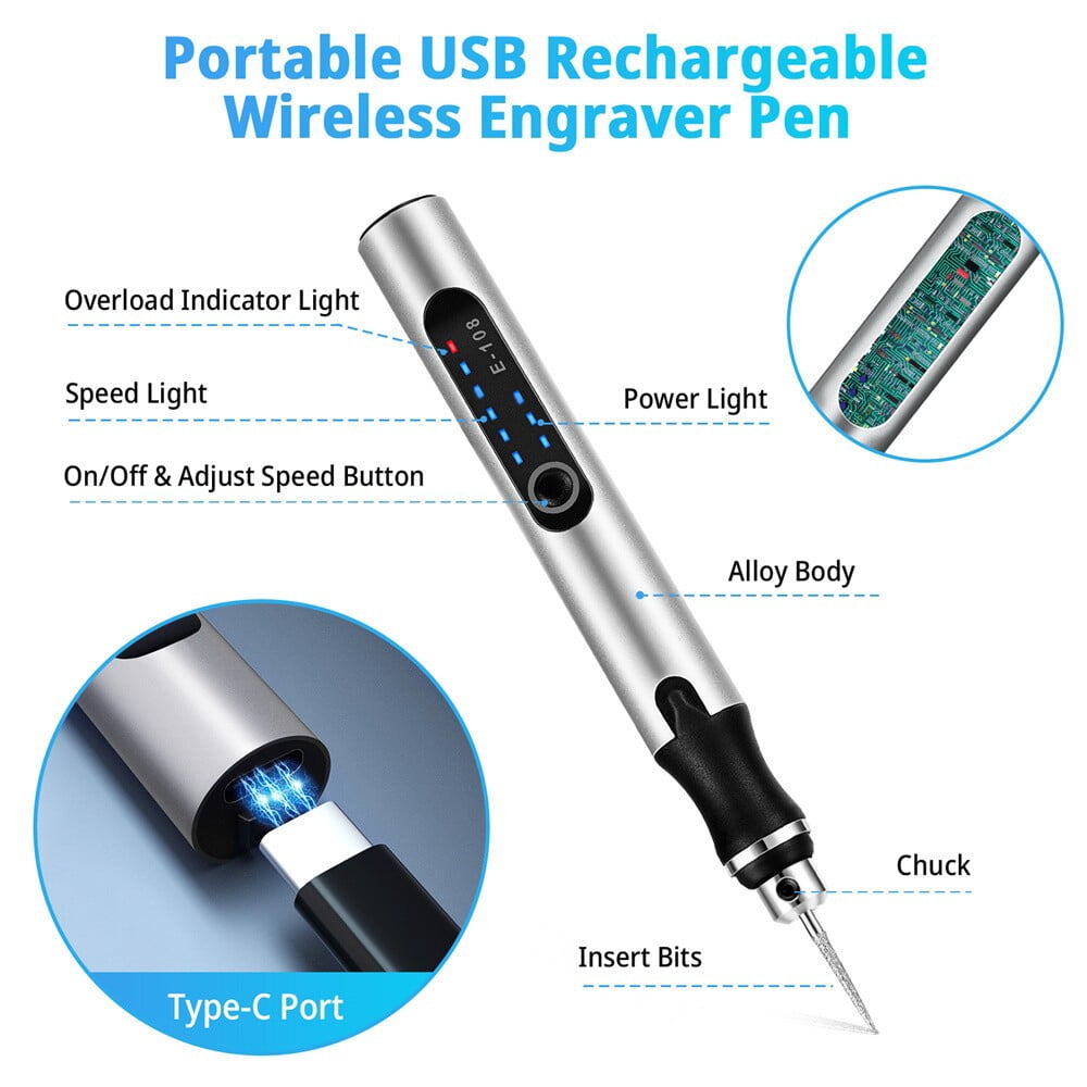 Electric Engraving Pen with 37 Bits,3-Speed Adjust,USB Rechargeable,Rotary Tool for 60+ Surfaces - Mini Electric DIY Engraving Pen Kit Cordless Rotary Tools for Personalization & Gifts