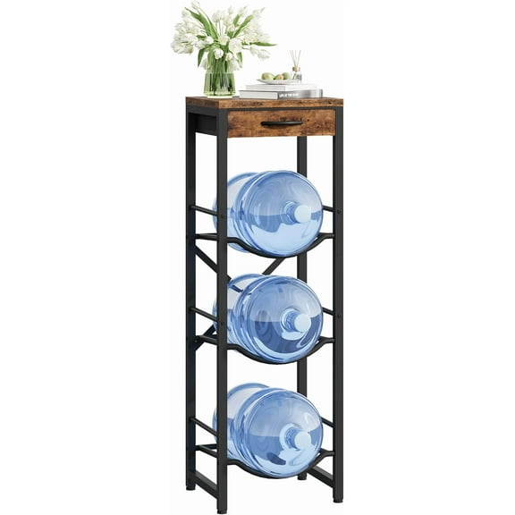 5-Gallon Water Jug Holder, Water Bottle Holder, 3-Tier Kettle Storage Shelf with Drawer, Water Dispenser Replacement Parts, for Kitchen, Black and Rustic Brown TCJ31BF