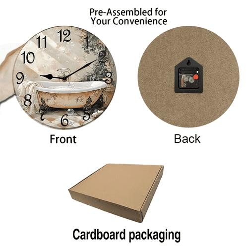 Kurmntregon Bathroom Wall Clock Bathtub Silent Non Ticking Battery Operated Wood Clock For Bedroom Bathroom Living Room Office School Kitchen Shop Hotel Round 10"