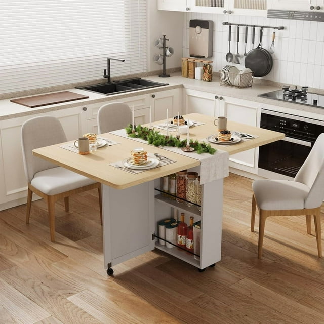 Table à Manger Pliante avec Abattant, Tiroir et Tablette de Rangement – Table de Cuisine Extensible Gain de Place avec 6 Roues pour Petits Espaces, Appartements et Salles à Manger
