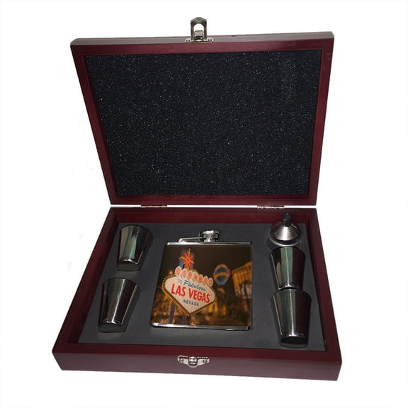 KuzmarK 6 oz. Leather Flask Set in Rose Wood Presentation Box -  Fabulous Las Vegas