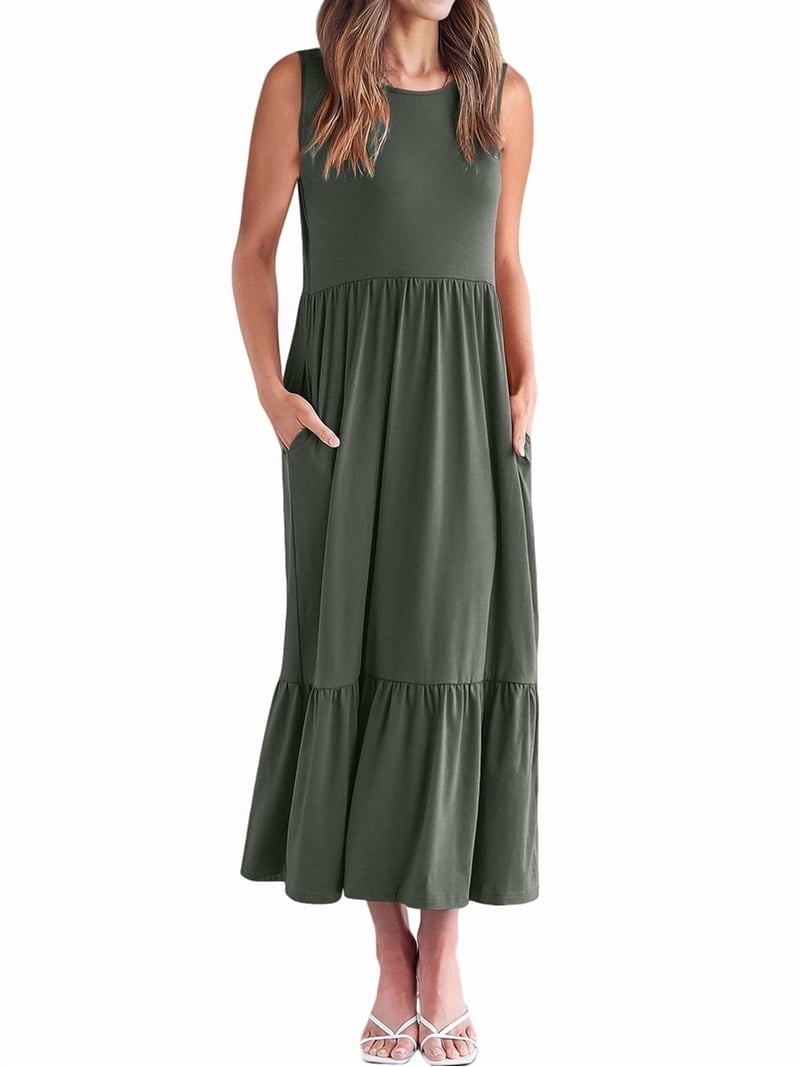 Women Summer Casual Sleeveless Crewneck Sundress Aline Flowy Tiered Maxi Long Beach Dress Vacation Outfits Dark Gray L