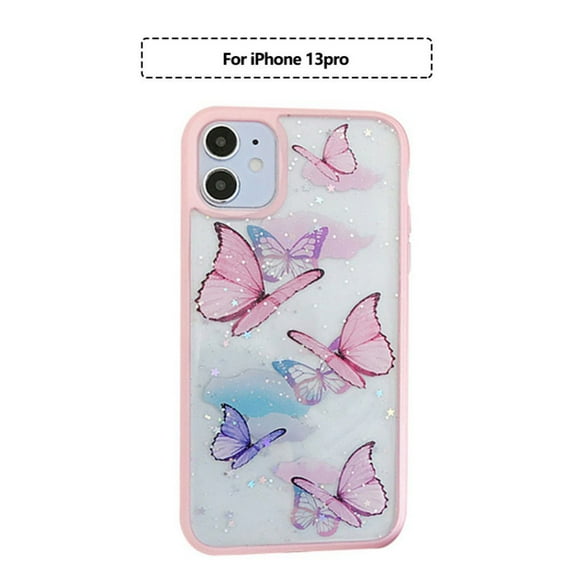 Butterfly Bling Clear Case Compatible with iPhone 13 Pro, Glitter Case for Women Cute Slim Soft Slip Resistant Protective Phone Cover, Pink