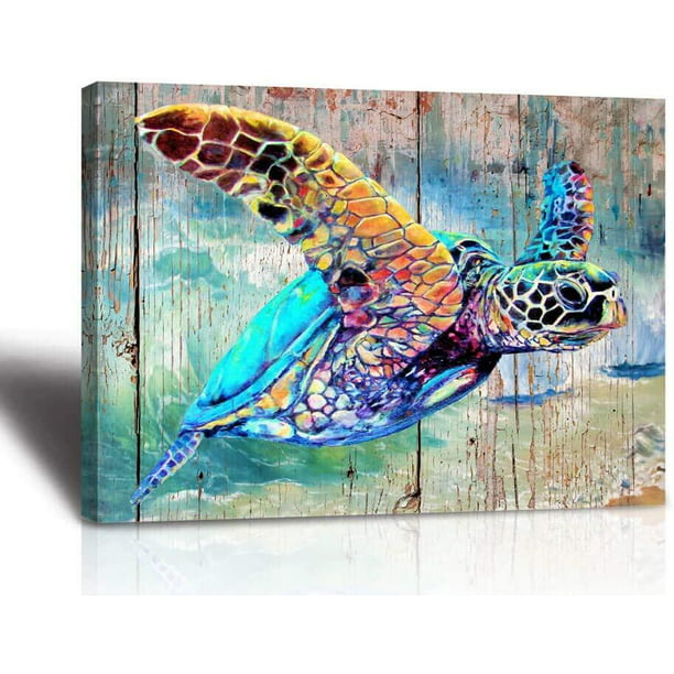 Ocean Turtle Bathroom Wall Canvas Print Cyan Watercolor Beach Theme