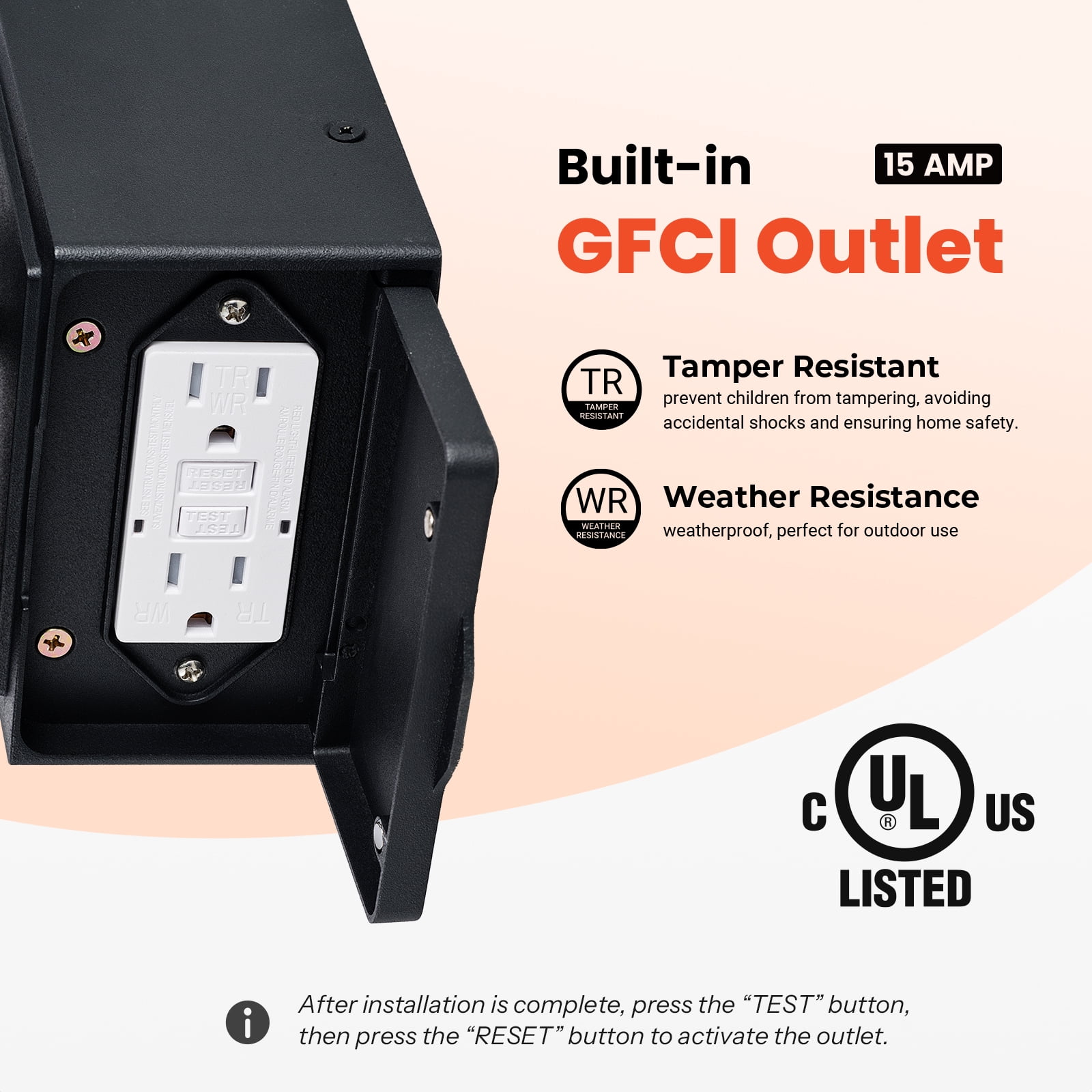 Gleamz Motion Sensor Outdoor Lights with GFCI Outlet, Dusk to Dawn Outdoor Lighting with Tempered Glass, Waterproof Anti-Rust Aluminum Outside Lights for House