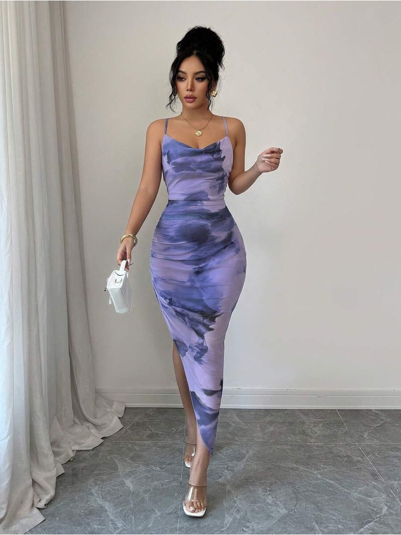 purple tie dye bodycon dress Plus Size Tie Dye Striped Long Sleeve Bodycon Dress