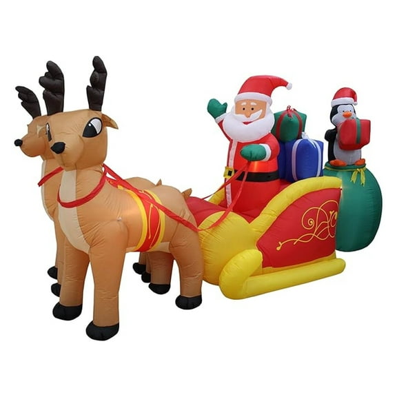 Jumbo 13 Foot Long Christmas Inflatable Santa Claus and Penguin with Gift in Sleigh Pulled by 2 Reindeer Lights Lighted Blowup Party Decoration for Outdoor Indoor Home Garden Family Prop Yard