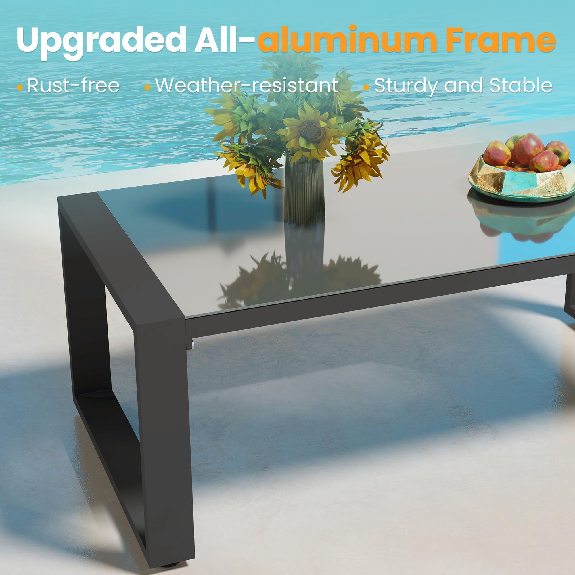 Heynemo Aluminum Outdoor Coffee Table, All-Weather Metal Rectangular Patio Side Table with Tempered Glass Top, Patio Tables for Porch Backyard Garden, Beige