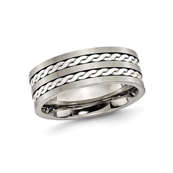 Sterling Silver Braided Inlay Burshed Titanuim Band 8mm