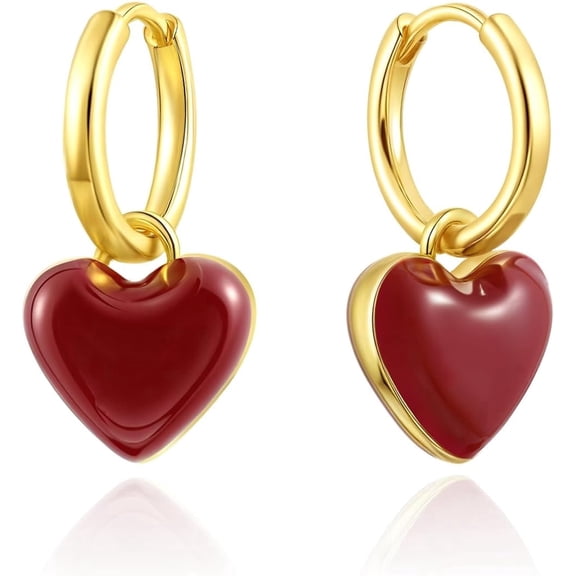 YMCSTONEMA Trendy Red Heart Huggie Small Hoop Earrings For Women With Hypoallergenic Enamel Love Design, 14K Gold Plated Lightweight Drop Dangle Earrings For Daily Glam & Romantic Moments[eo5072]