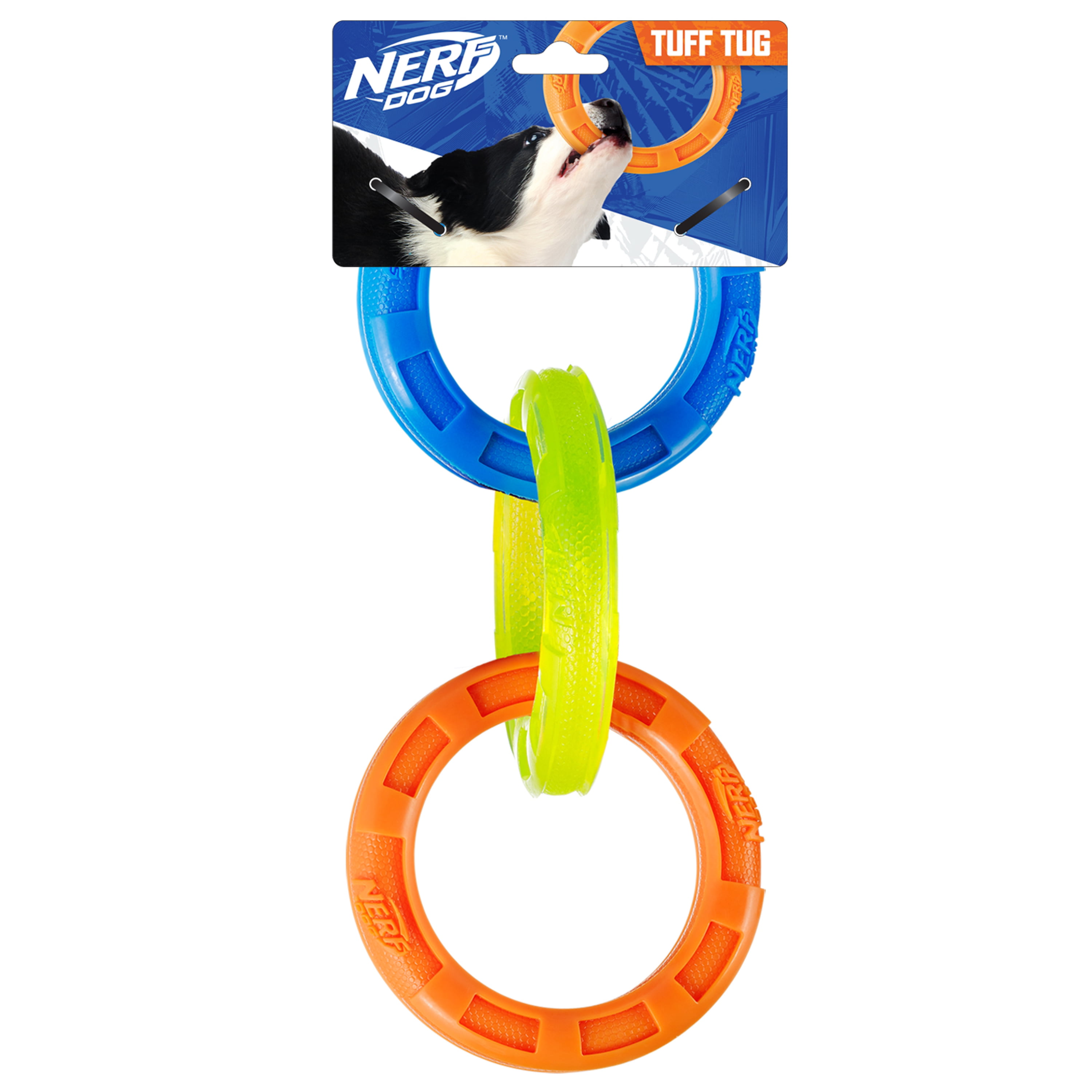 Nerf Dog Rubber 3-Ring Tuff Tug Dog Toy for Medium/Large Dogs, Lightweight Tug & Chew Toy, 10.5