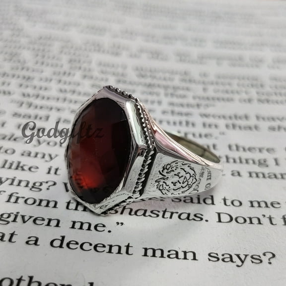 Sterling Silver Ottoman Men's Ring: Oval Hessonite Garnet Lion Ring