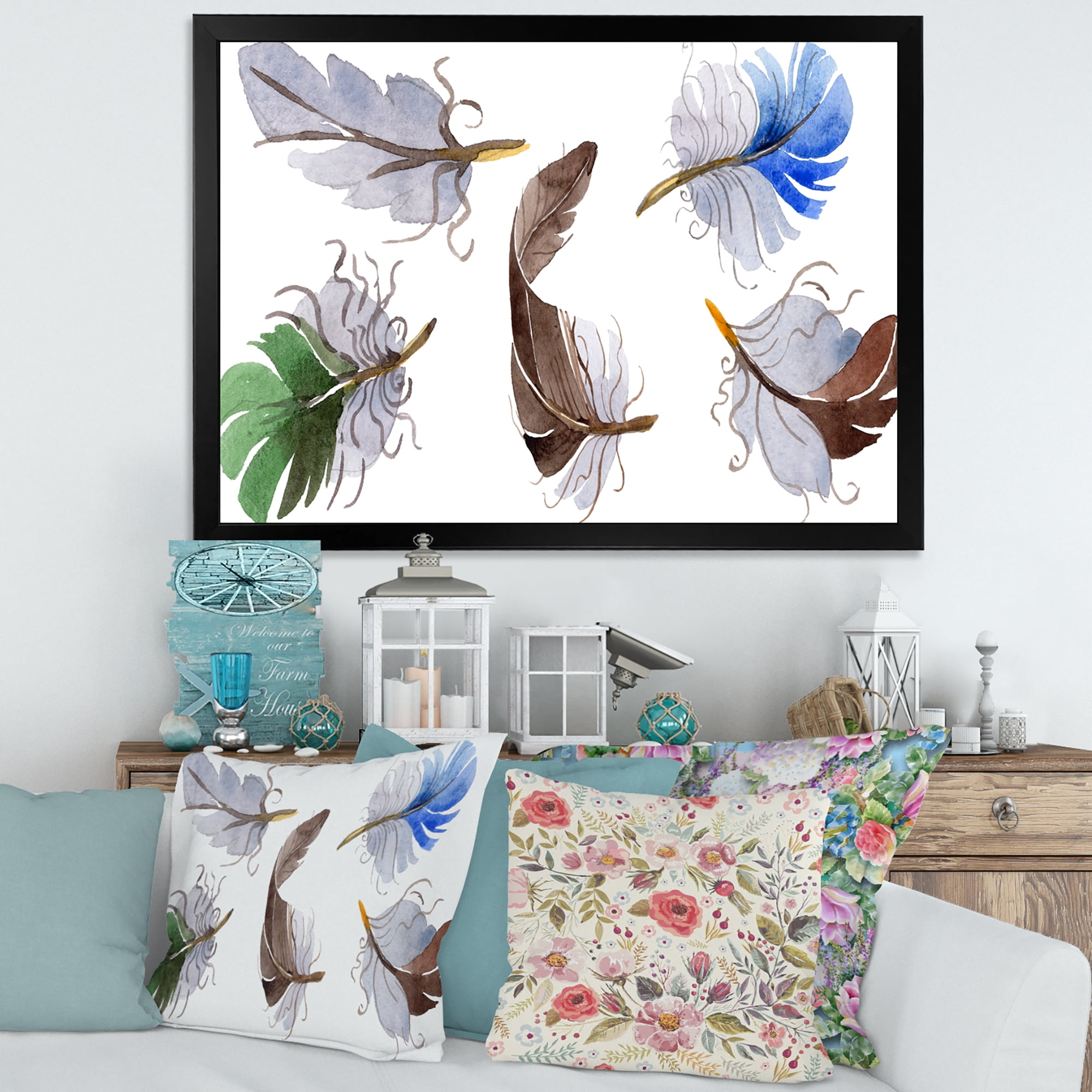 Designart 'Colourful Boho Feather Set On White IV' Bohemian & Eclectic Framed Art Print