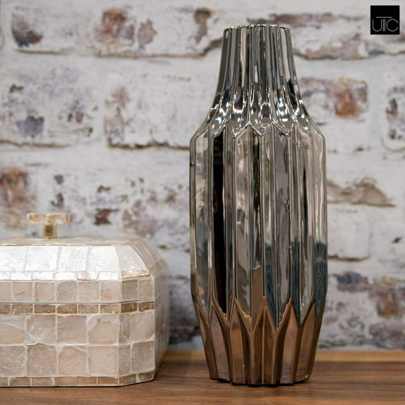 Urban Trends Collection Ceramic Round Patterned Vase with Broad Mouth - Silver - Large