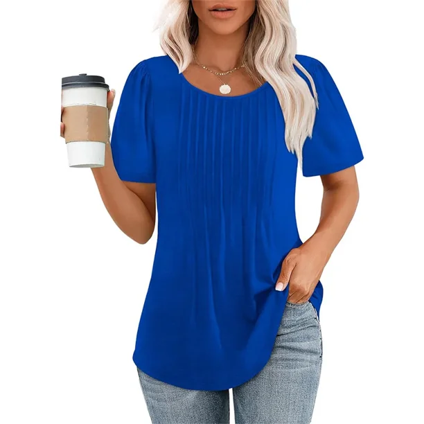 Tops de empalme de manga corta plisados para mujer, de Color sólido Jersey de rayas con cuello redondo, camiseta femenina, camisetas informales cómodas de verano