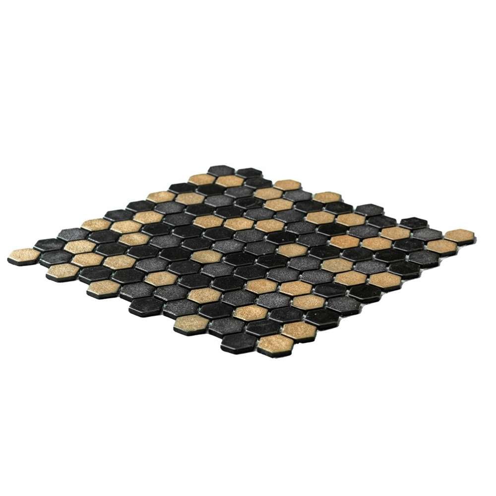 The Tile Life Eterna Hex 4" x 4" Hexagon Black & Gold Glass Mosaic Tile Sample 1 Piece