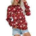 thumbnail image 5 of Women's Casual Long Sleeve Round Neck Sweatshirt Fit Pleated Top with Christmas Print for Fashionable Holiday Outfits and Comfortable Wear,Deep Red,L, 5 of 6