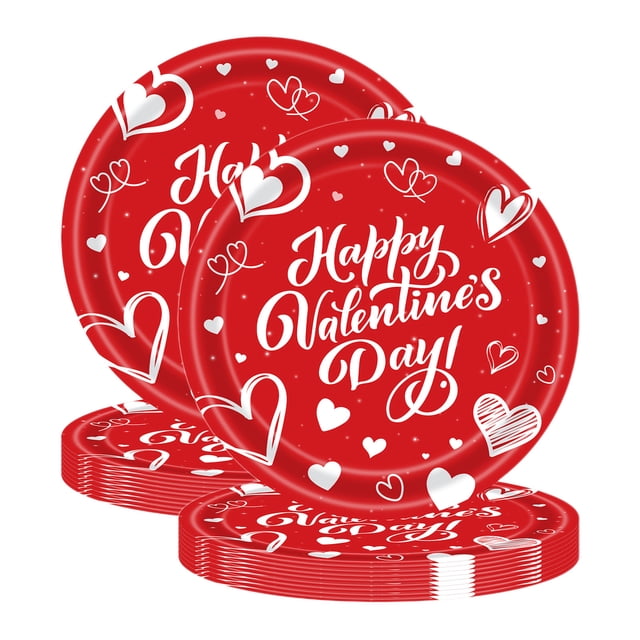 SLYNSHome 20 Pcs Assiettes de la Saint-Valentin Fournitures de Fête, Assiettes en Papier Cœur Rouges de 9 Pouces, Assiette Jetable Cœur d'Amour pour Souper Dessert Vaisselle pour Anniversaire Mariage